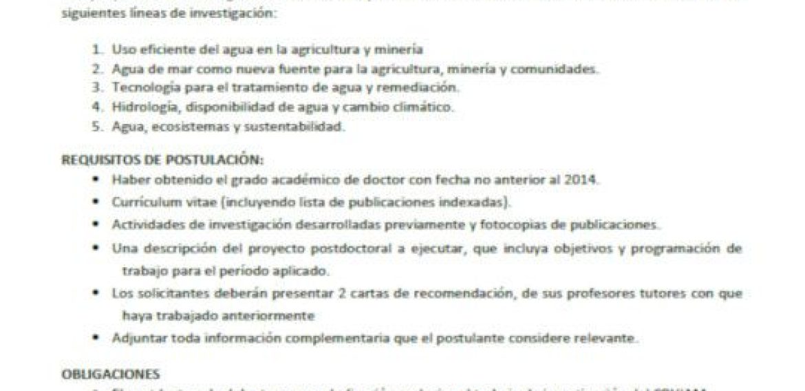 LLAMADO A CONCURSO A BECA POSTDOCTORAL EN EL CENTRO RECURSOS HIDRICOS PARA LA AGRICULTURA Y MINERÍA (CRHIAM) PROYECTO CONICYT/FONDAP N°15130015