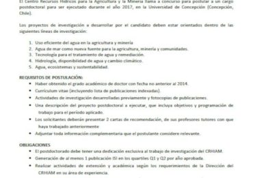 LLAMADO A CONCURSO A BECA POSTDOCTORAL EN EL CENTRO RECURSOS HIDRICOS PARA LA AGRICULTURA Y MINERÍA (CRHIAM) PROYECTO CONICYT/FONDAP N°15130015