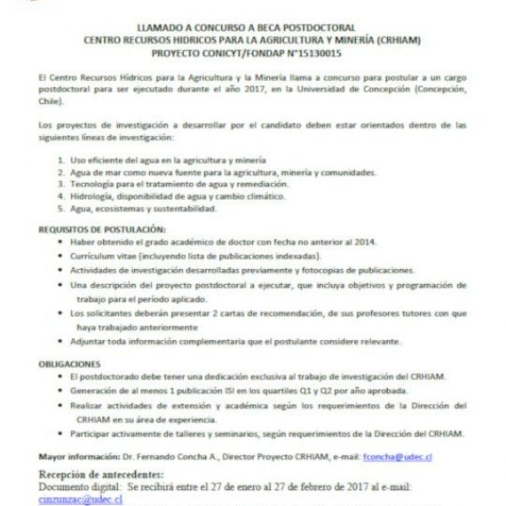 LLAMADO A CONCURSO A BECA POSTDOCTORAL EN EL CENTRO RECURSOS HIDRICOS PARA LA AGRICULTURA Y MINERÍA (CRHIAM) PROYECTO CONICYT/FONDAP N°15130015