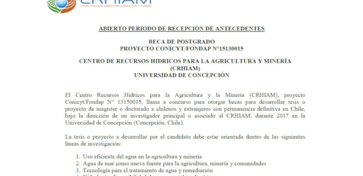 Recepción de antecedentes beca de postgrado proyecto CONICYT/FONDAP N°15130015