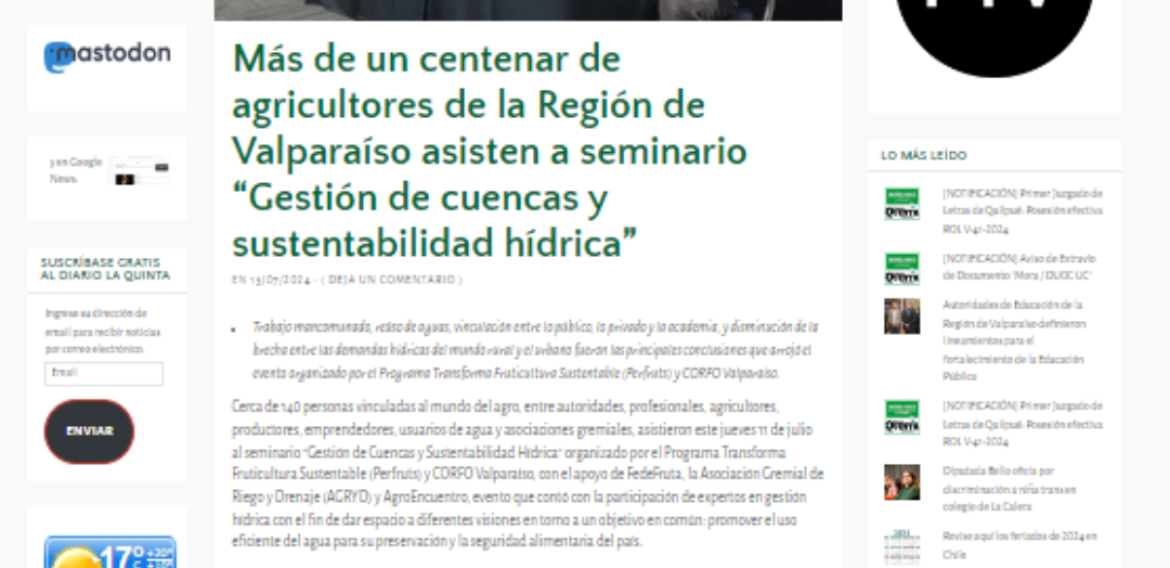 Más de un centenar de Agricultores de la Región de Valparaíso asisten a Seminario “Gestión de Cuencas y Sustentabilidad Hídrica”