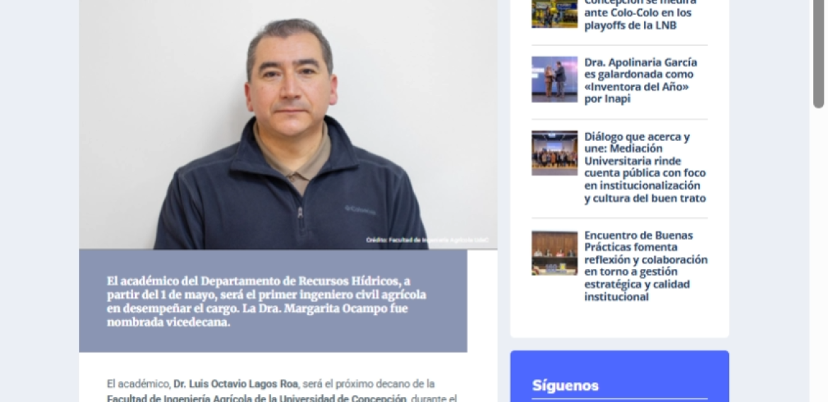 Dr. Luis Octavio Lagos es elegido decano de la Facultad de Ingeniería Agrícola UdeC