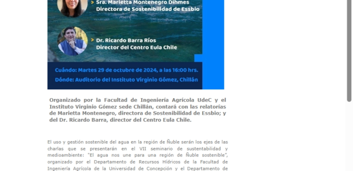 Seminario abordará uso y gestión sostenible del agua en la región de Ñuble