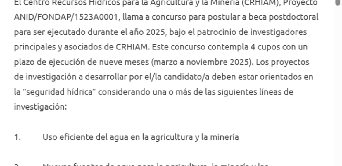 CRHIAM llama a concurso para beca postdoctoral 2025