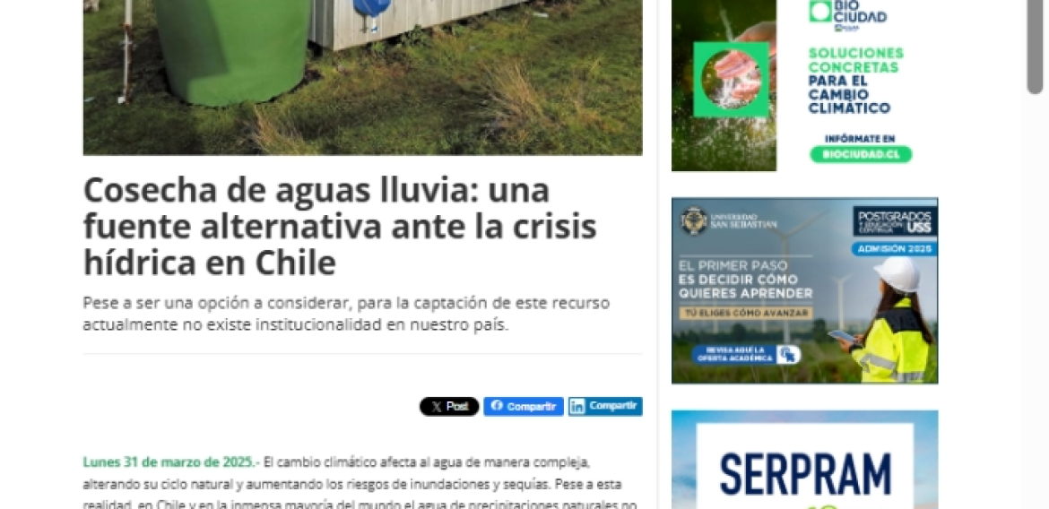 Cosecha de aguas lluvia: una fuente alternativa ante la crisis hídrica en Chile
